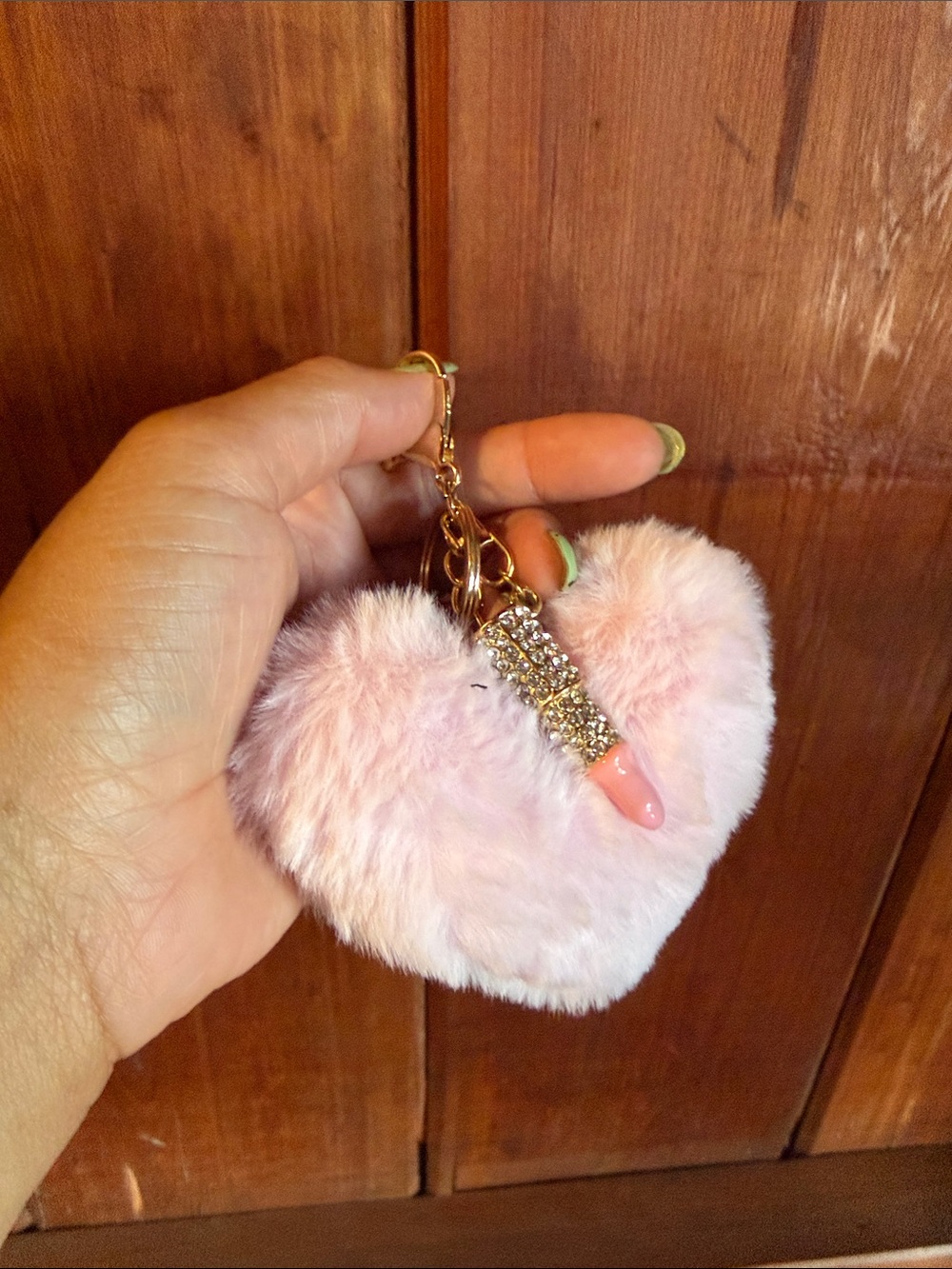 Pink Heart Faux Fur Keychain with Gold Lip Charm